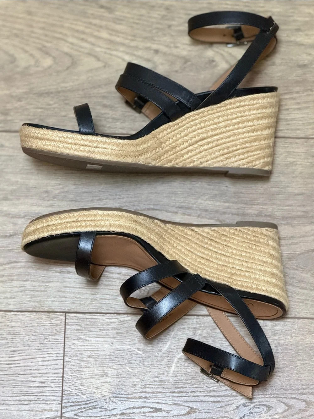 Vionic Sabina Size 10 Black Leather Espadrille Wedge Sandals Strappy Comfort New